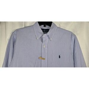 Ralph Lauren Mens Blue‎ White Stripe Dress Shirt Size Medium Freshly Drycleaned